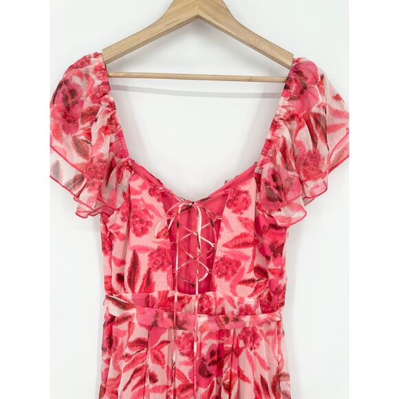 Lulus Sensationally Sweeter Floral Ruffled Maxi Dress Lace Up Backless, Pink NWT - Picture 10 of 12